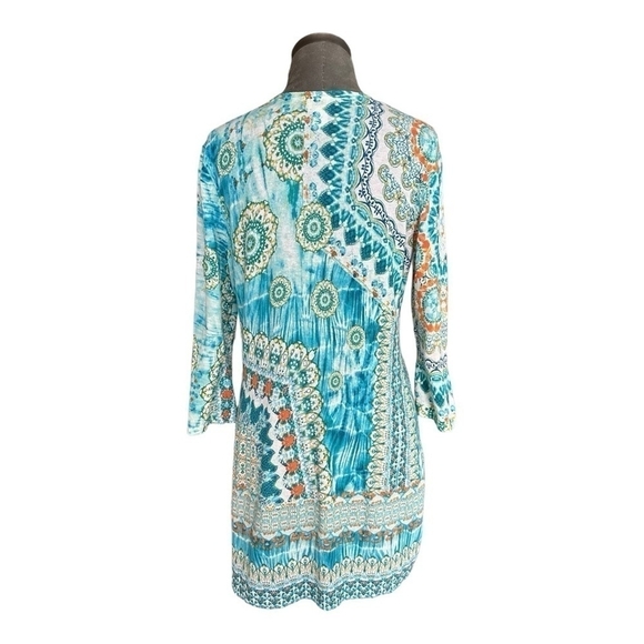 Women’s Cardigan Multicolored Geometric Print Duster CHICO’S Knit Open Front Top - Picture 4 of 7